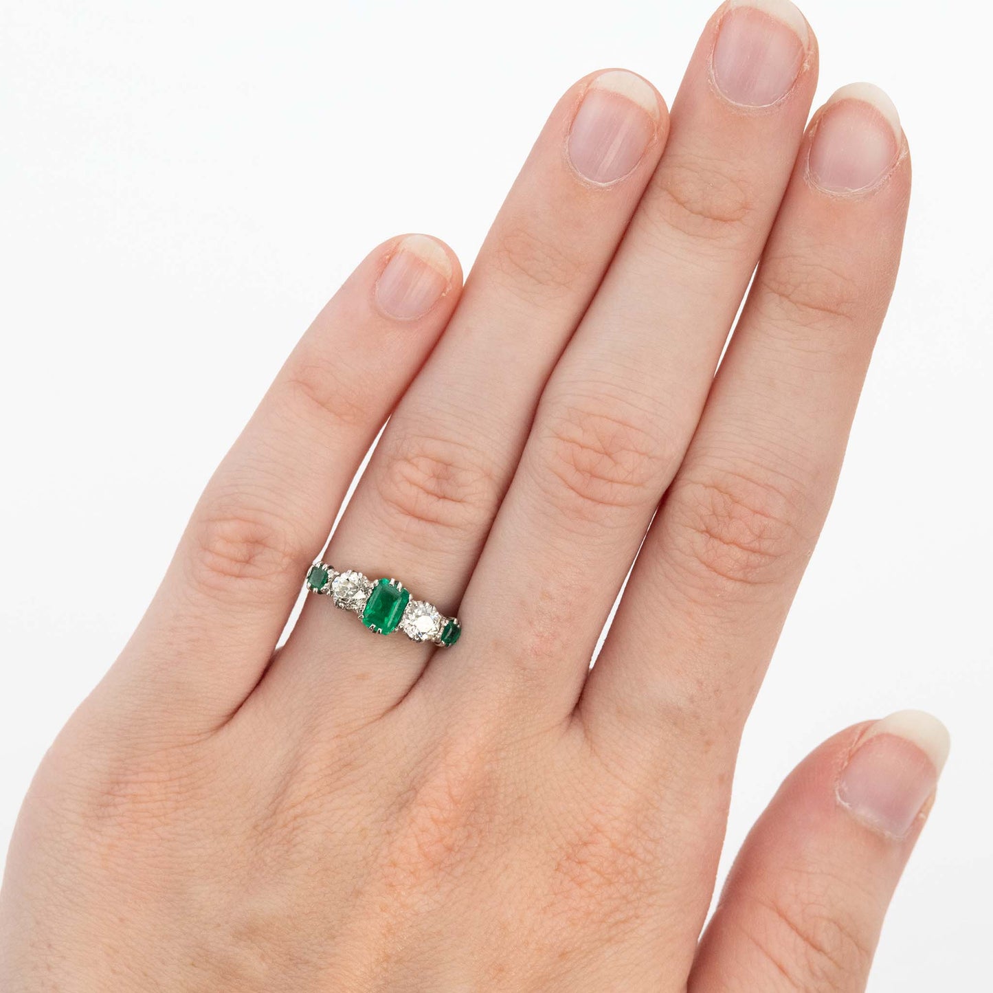 Art Deco Platinum Emerald and Diamond Five Stone Ring