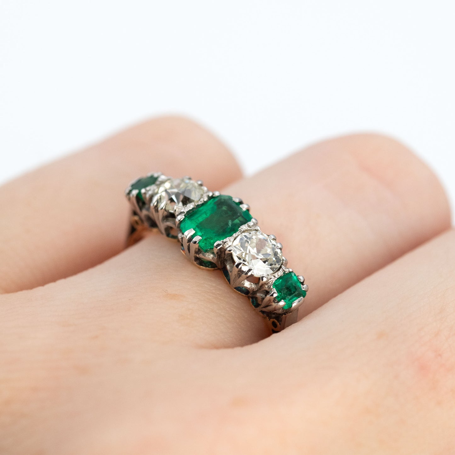 Art Deco Platinum Emerald and Diamond Five Stone Ring