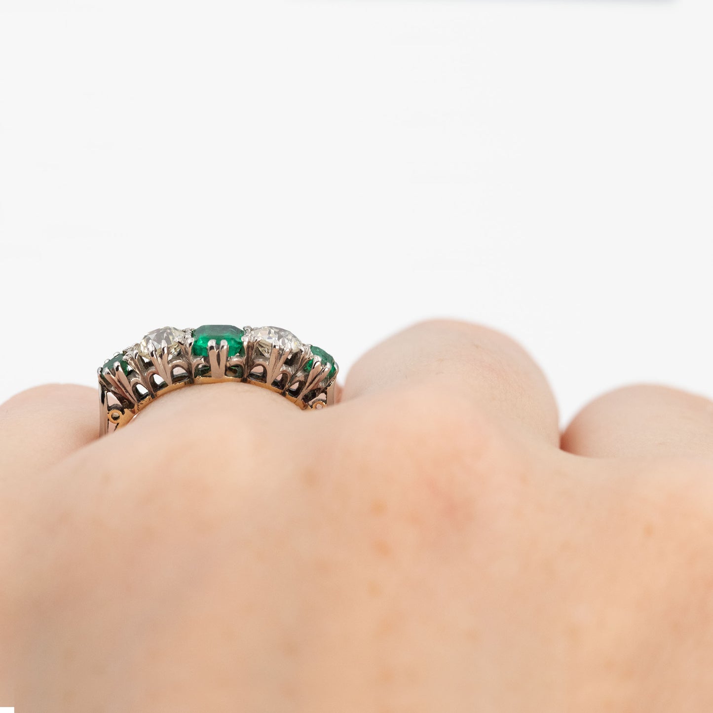 Art Deco Platinum Emerald and Diamond Five Stone Ring