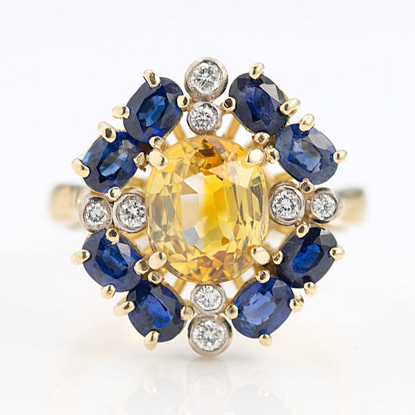 Vintage 18ct Yellow Gold Yellow and Blue Sapphire Cluster Ring