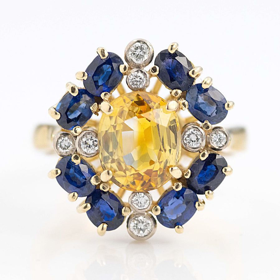 Vintage 18ct Yellow Gold Yellow and Blue Sapphire Cluster Ring