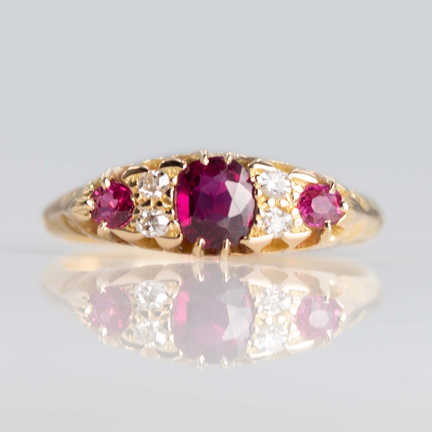 Edwardian 18ct Yellow Gold Ruby Diamond Three Stone Ring - Friar House