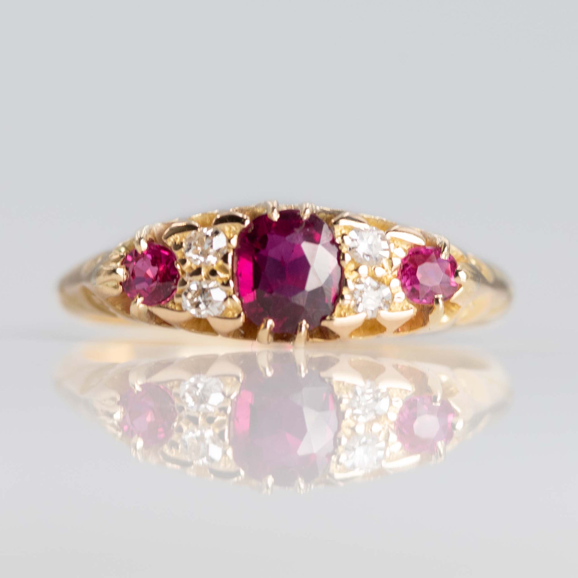 Edwardian 18ct Yellow Gold Ruby Diamond Three Stone Ring - Friar House