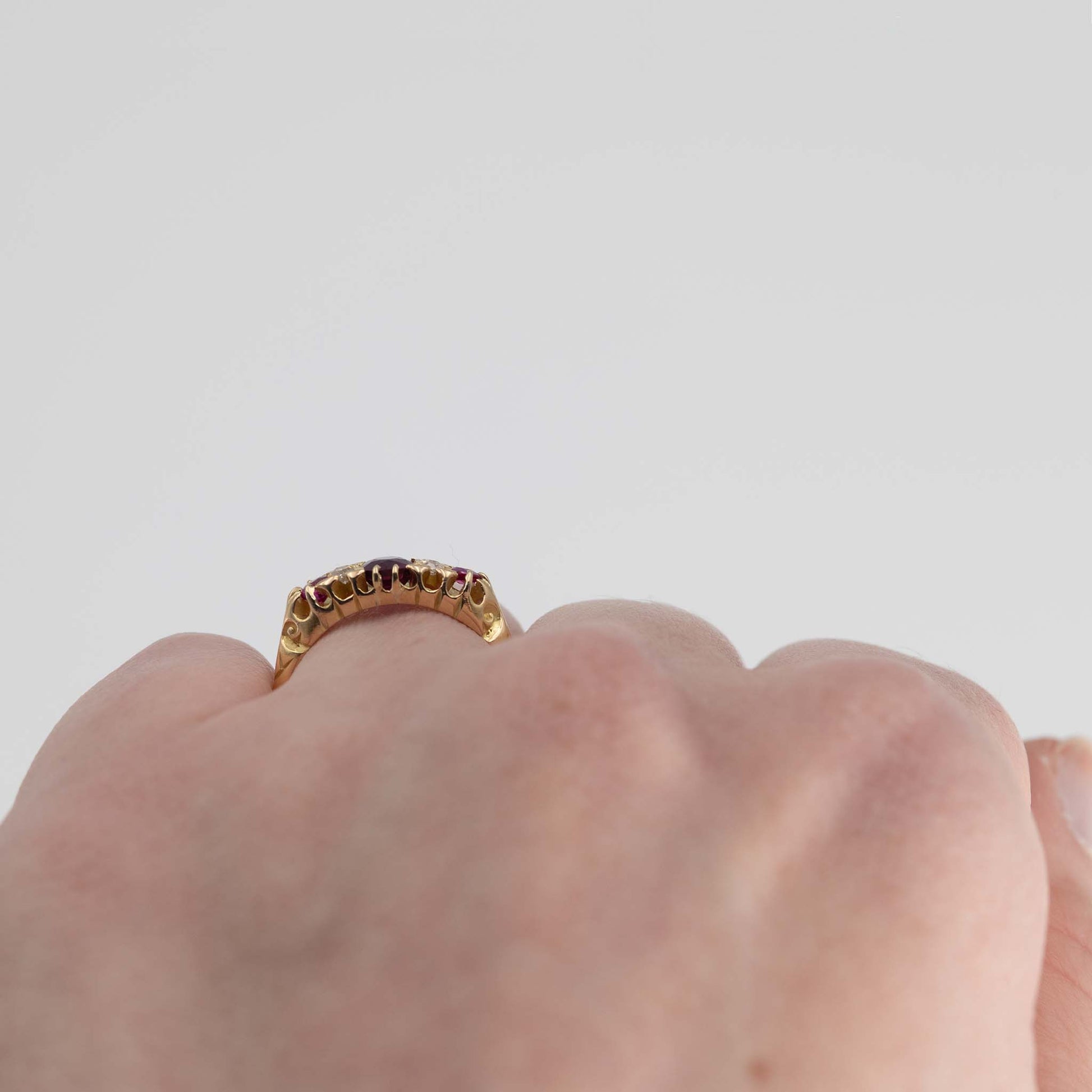 Edwardian 18ct Yellow Gold Ruby Diamond Three Stone Ring - Friar House