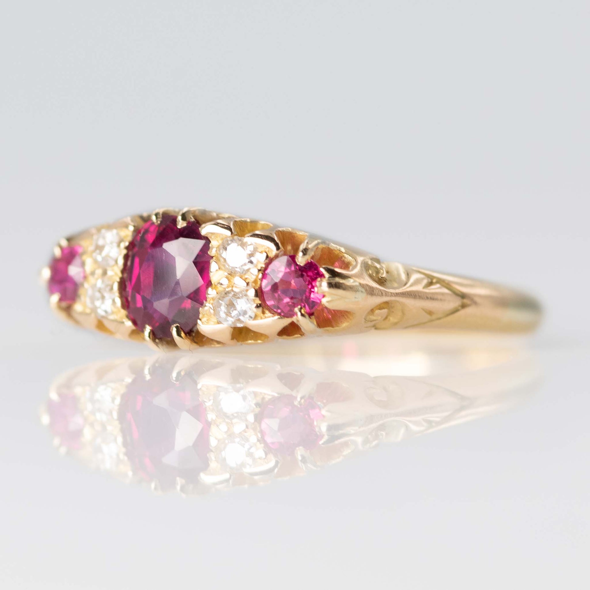 Edwardian 18ct Yellow Gold Ruby Diamond Three Stone Ring - Friar House