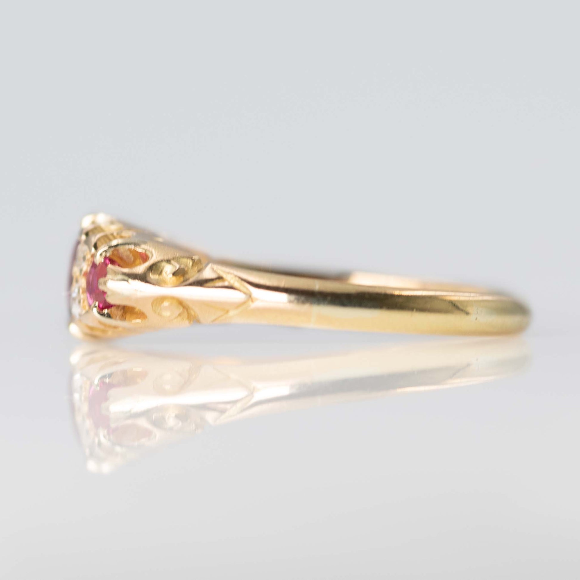 Edwardian 18ct Yellow Gold Ruby Diamond Three Stone Ring - Friar House