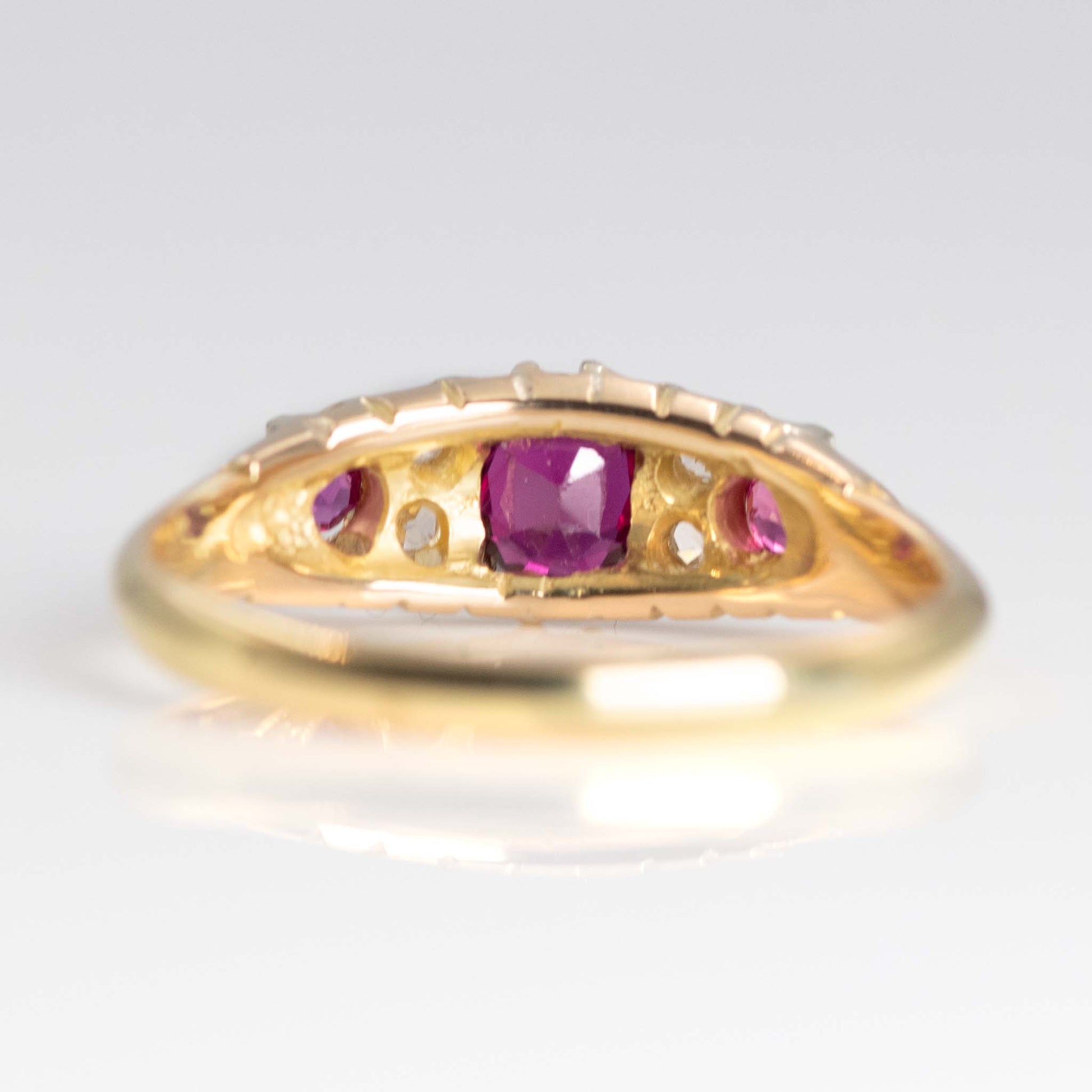 Edwardian 18ct Yellow Gold Ruby Diamond Three Stone Ring - Friar House