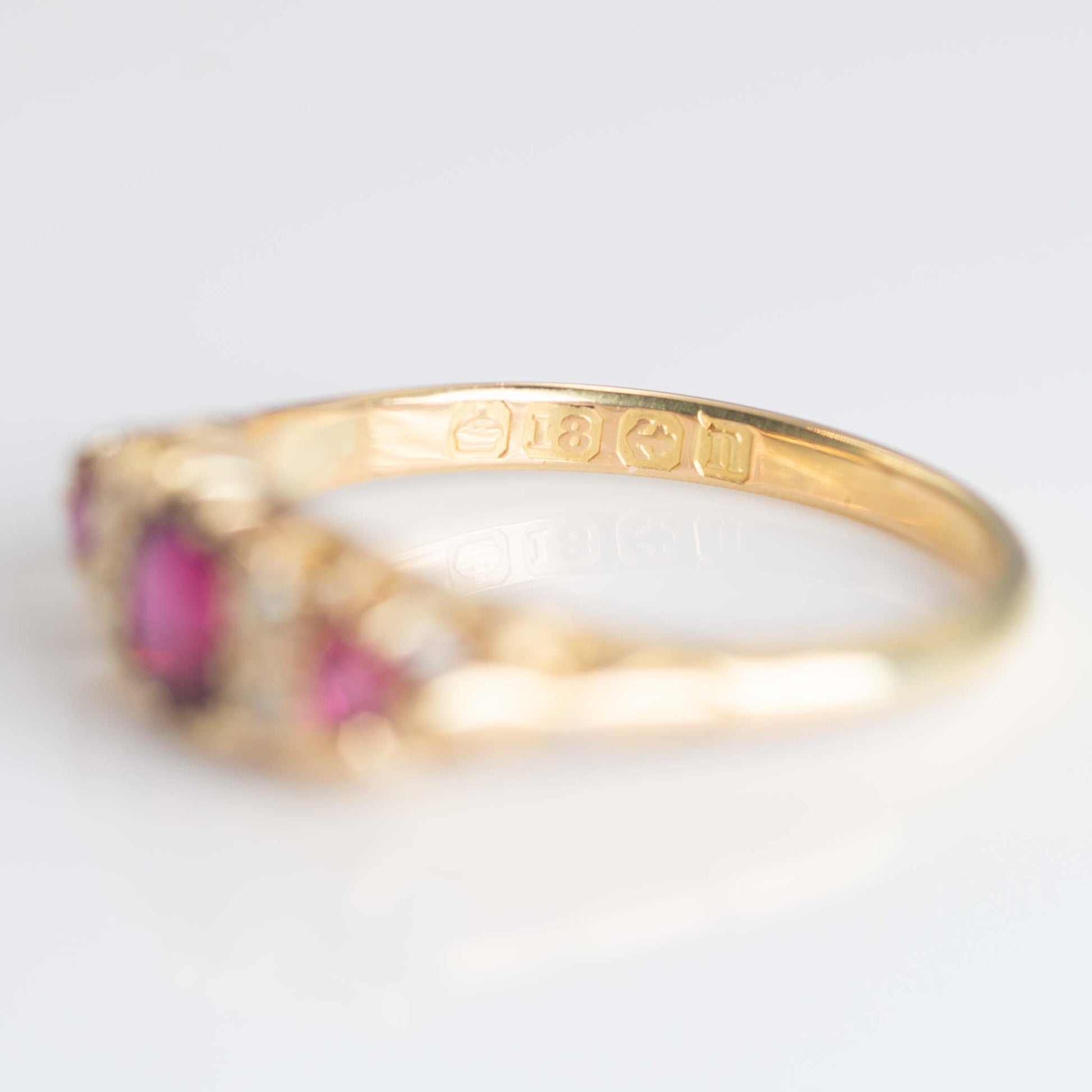 Edwardian 18ct Yellow Gold Ruby Diamond Three Stone Ring - Friar House