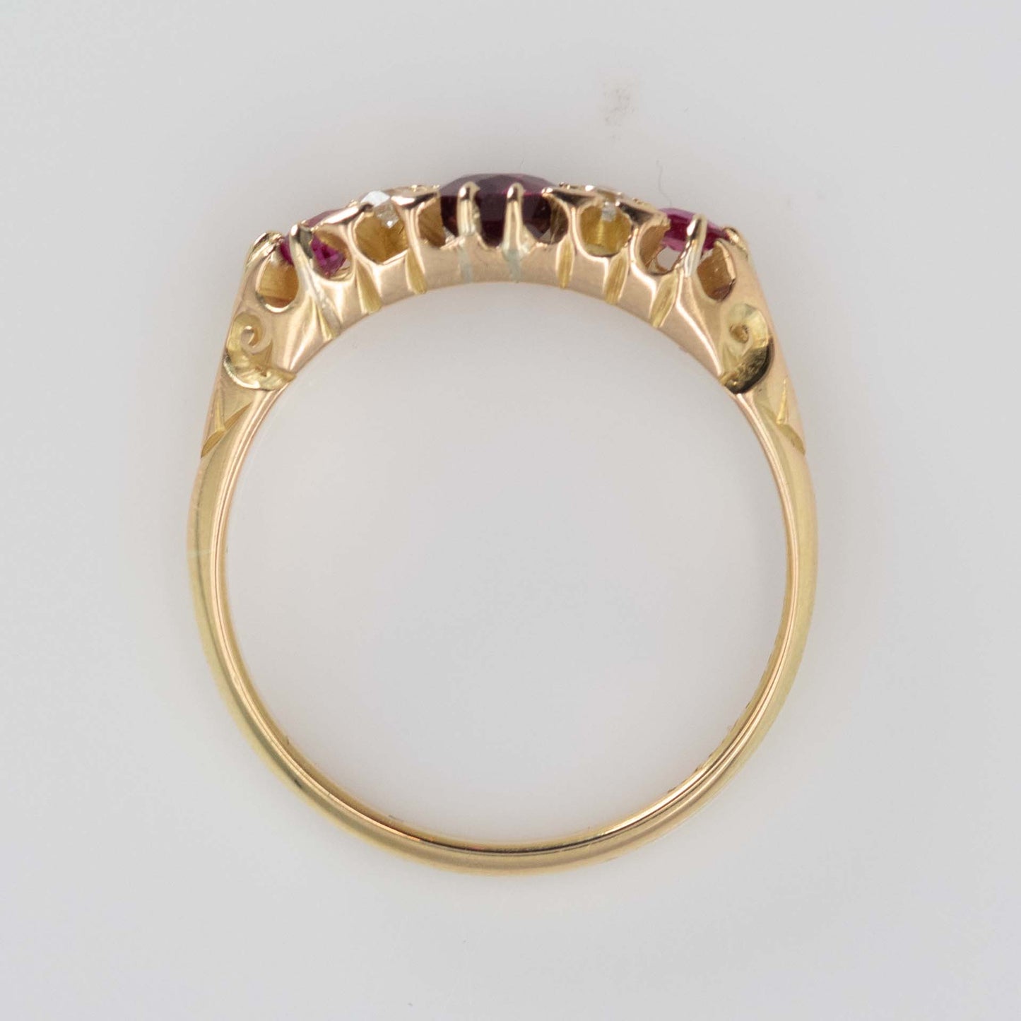 Edwardian 18ct Yellow Gold Ruby Diamond Three Stone Ring - Friar House