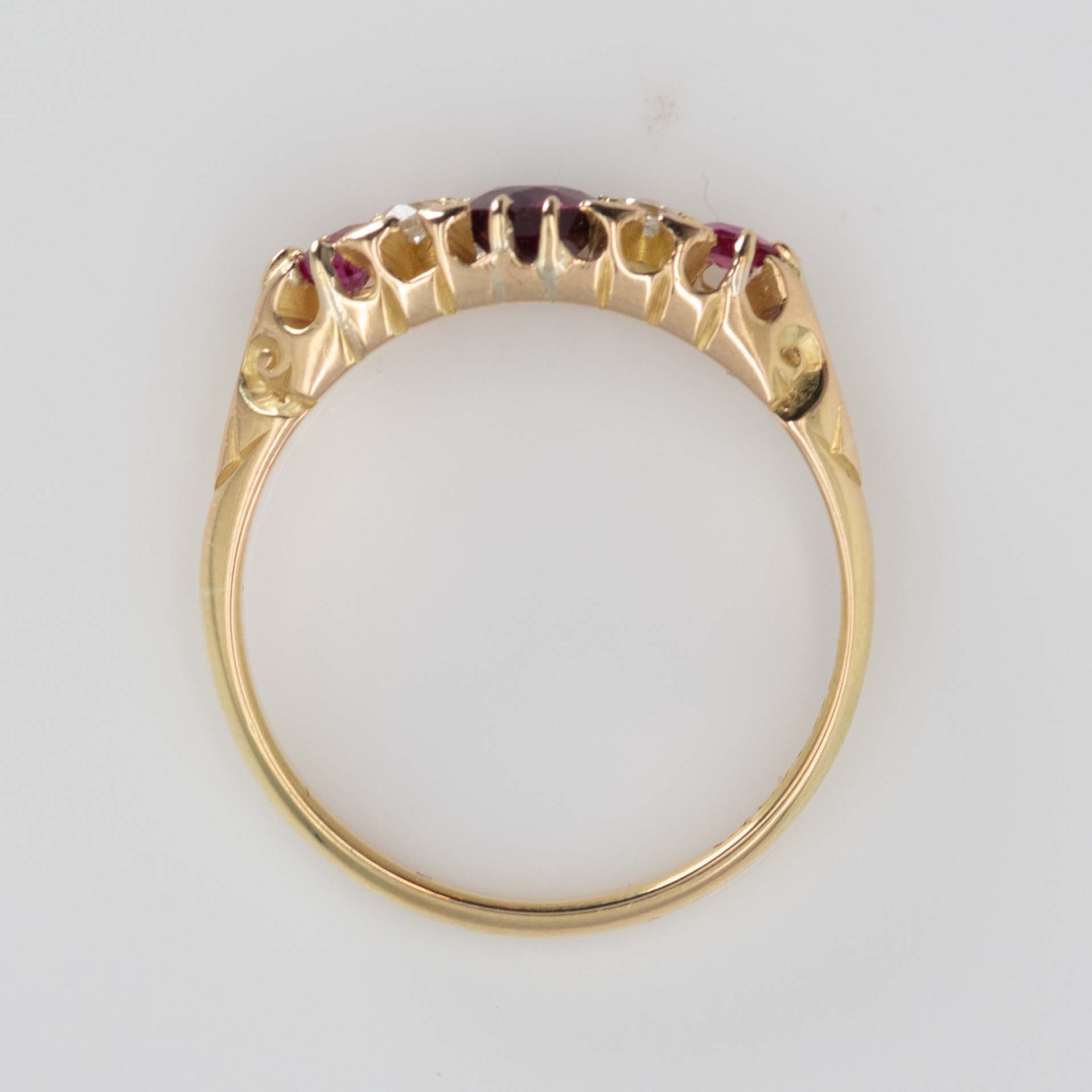 Edwardian 18ct Yellow Gold Ruby Diamond Three Stone Ring - Friar House