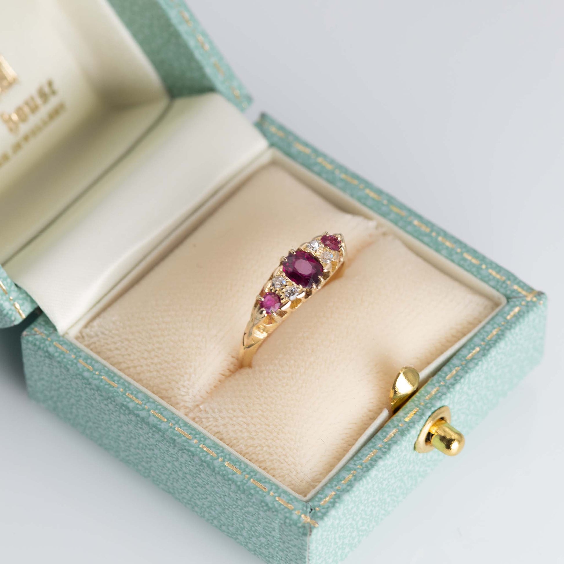 Edwardian 18ct Yellow Gold Ruby Diamond Three Stone Ring - Friar House