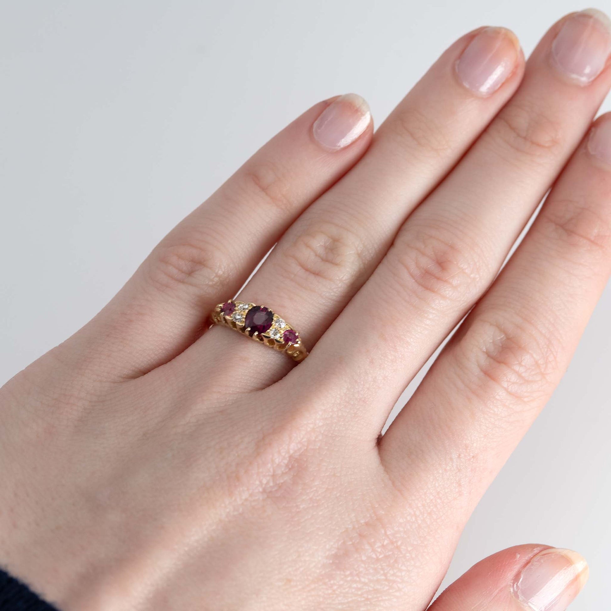 Edwardian 18ct Yellow Gold Ruby Diamond Three Stone Ring - Friar House
