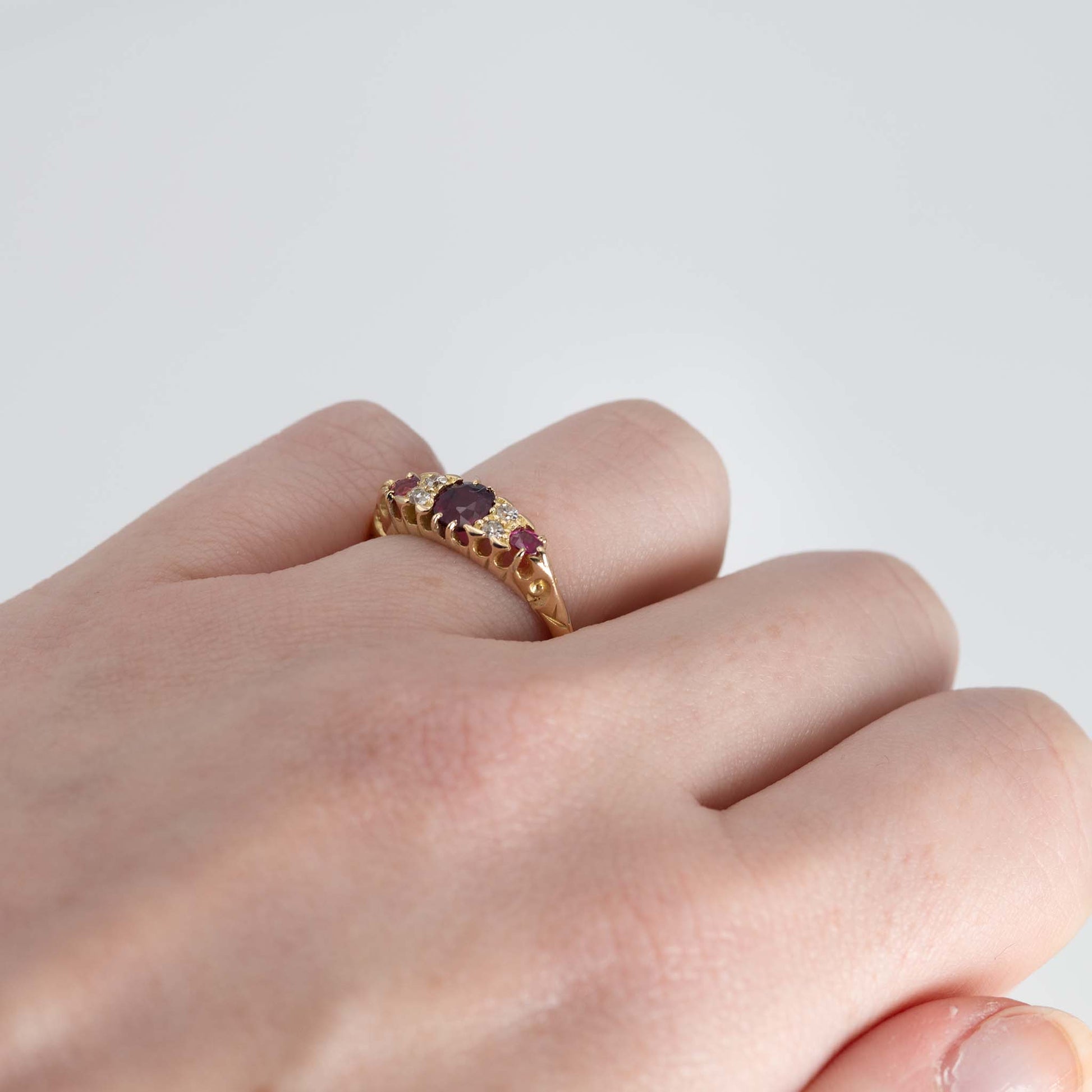 Edwardian 18ct Yellow Gold Ruby Diamond Three Stone Ring - Friar House