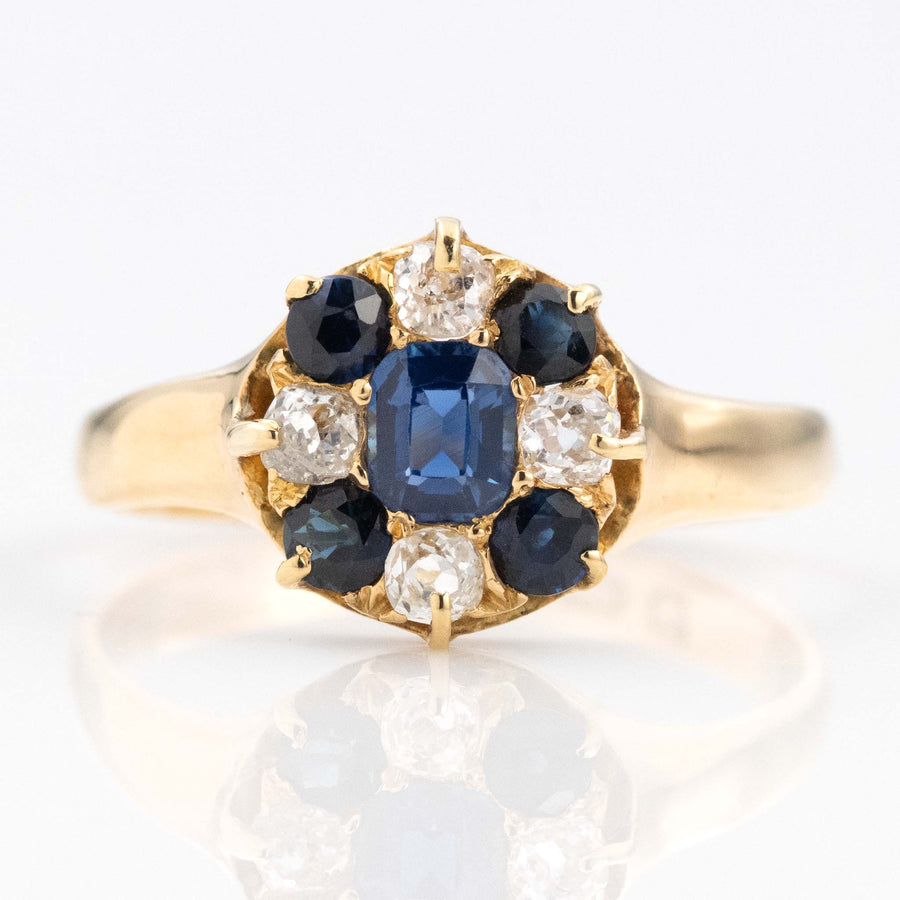 Victorian 18ct Yellow Gold Sapphire Diamond Cluster Ring - Friar House Antique Jewellery