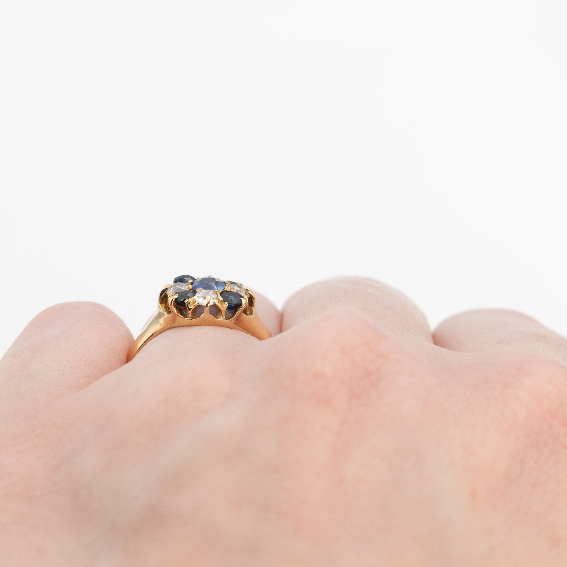 Victorian 18ct Yellow Gold Sapphire Diamond Cluster Ring - Friar House Antique Jewellery