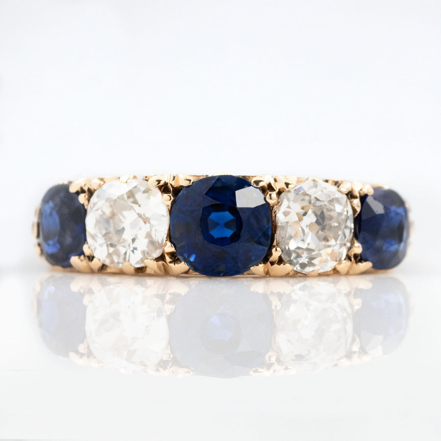 Victorian 18ct Yellow Gold Sapphire and Diamond Five Stone Ring - Friar House