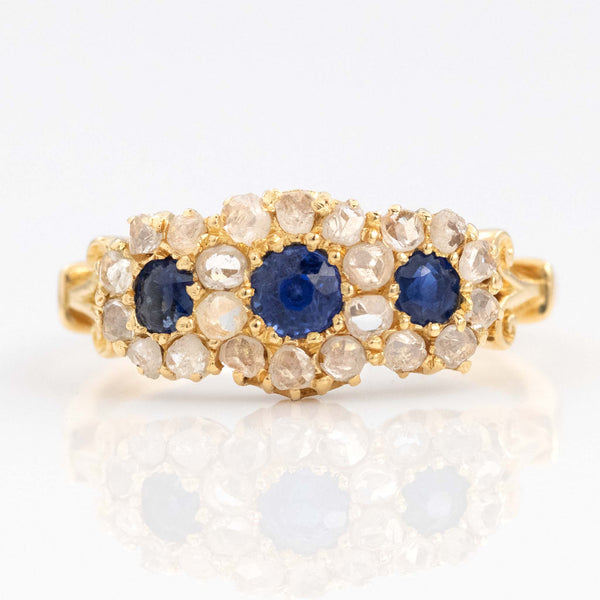 Victorian 18ct Yellow Gold Sapphire and Diamond Triple Cluster Ring - Friar House