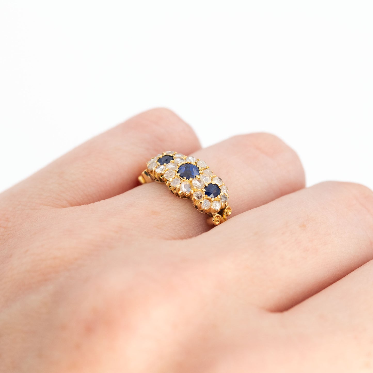 Victorian 18ct Yellow Gold Sapphire and Diamond Triple Cluster Ring - Friar House