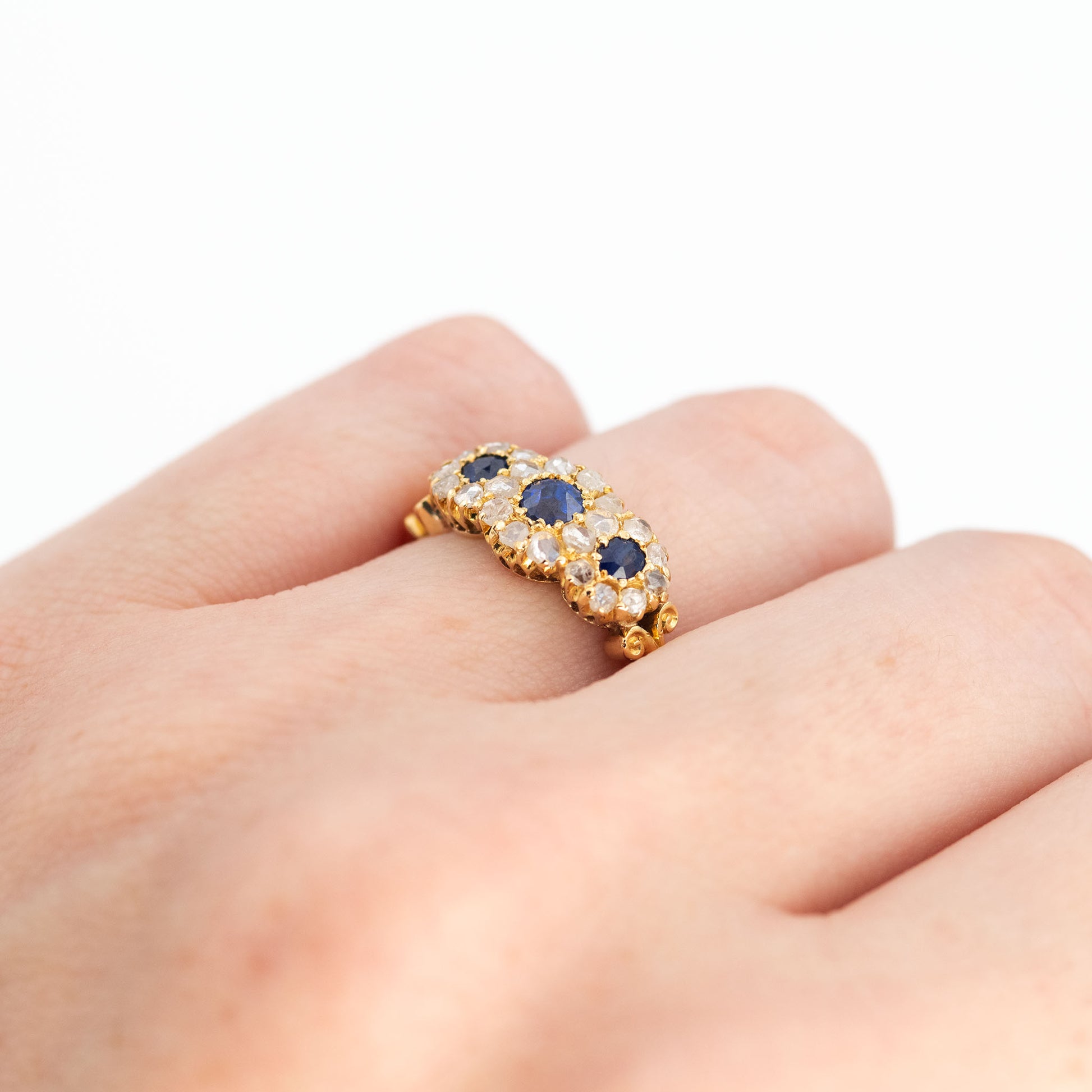 Victorian 18ct Yellow Gold Sapphire and Diamond Triple Cluster Ring - Friar House