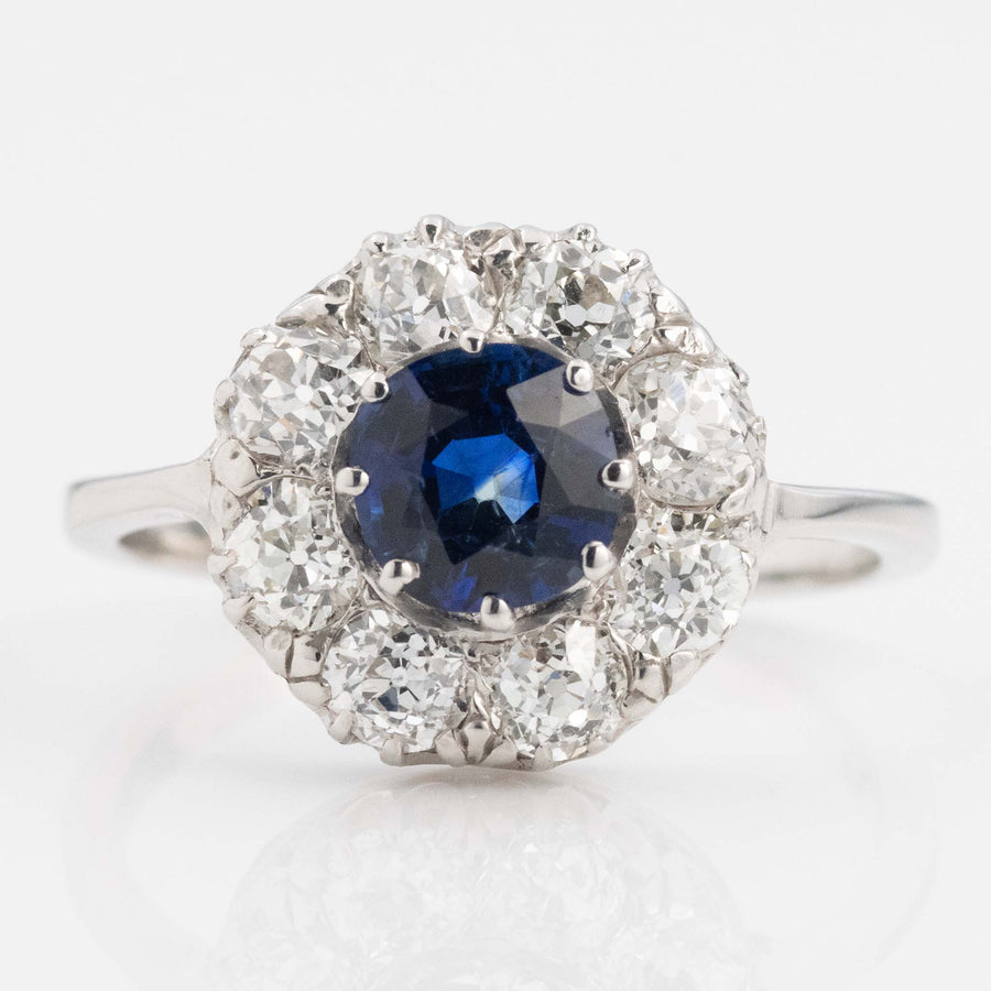 Vintage 18ct White Gold 1 carat Sapphire Diamond Cluster Ring - Friar House Antique Jewellery