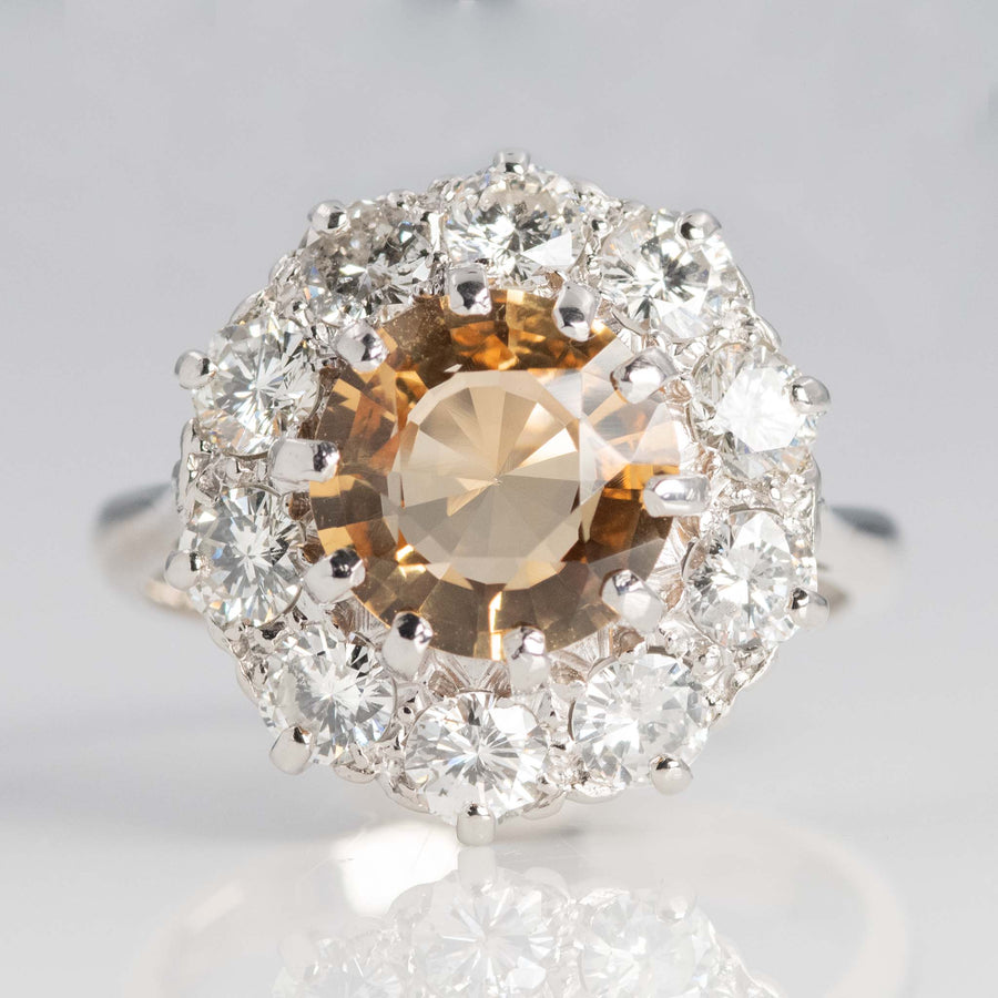 Vintage 18ct White Gold 2.50 carat Golden Topaz and Diamond Cluster Ring - Friar House Antique Jewellery