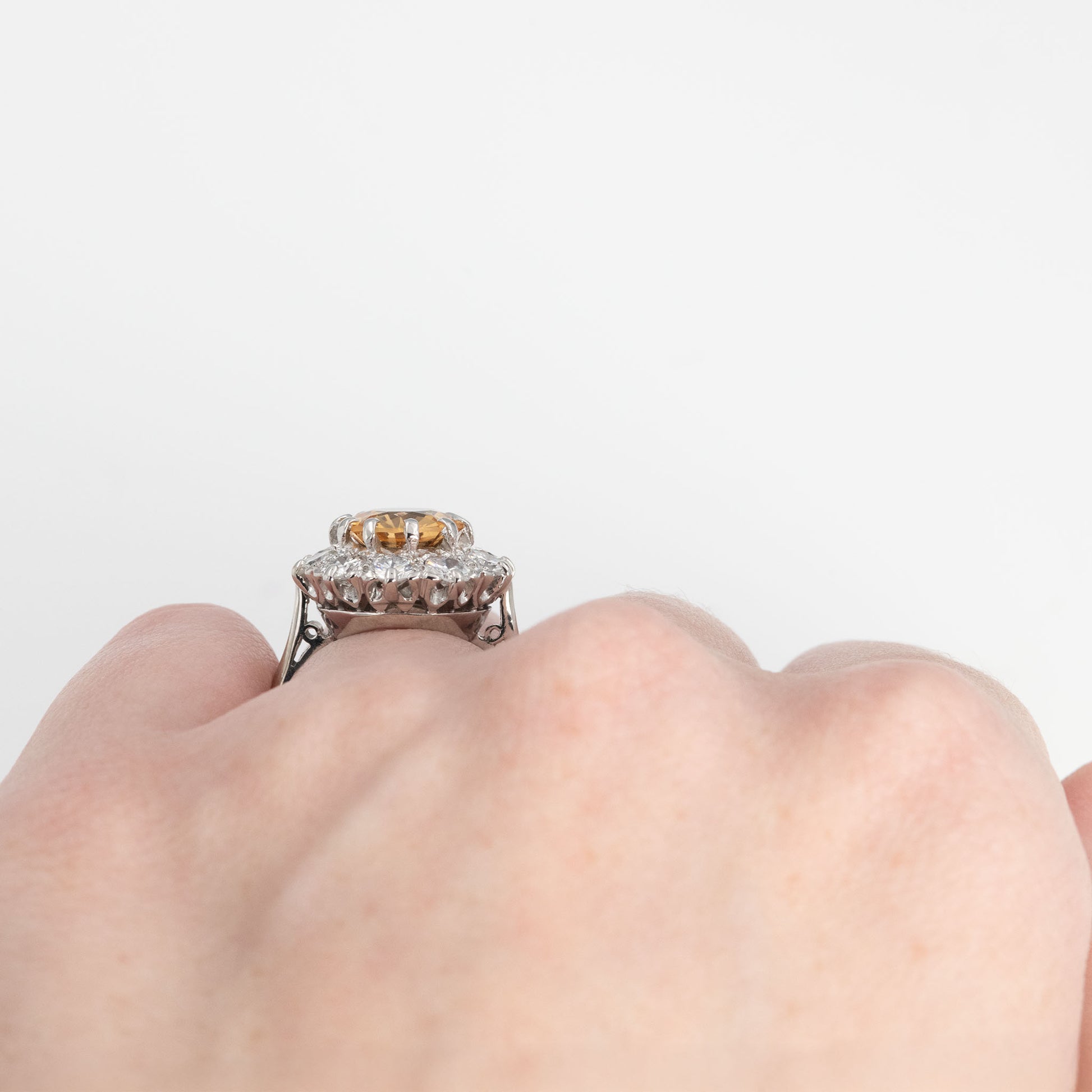 Vintage 18ct White Gold 2.50 carat Golden Topaz and Diamond Cluster Ring - Friar House Antique Jewellery