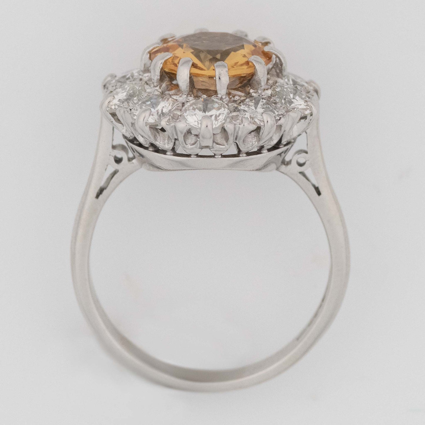 Vintage 18ct White Gold 2.50 carat Golden Topaz and Diamond Cluster Ring - Friar House Antique Jewellery