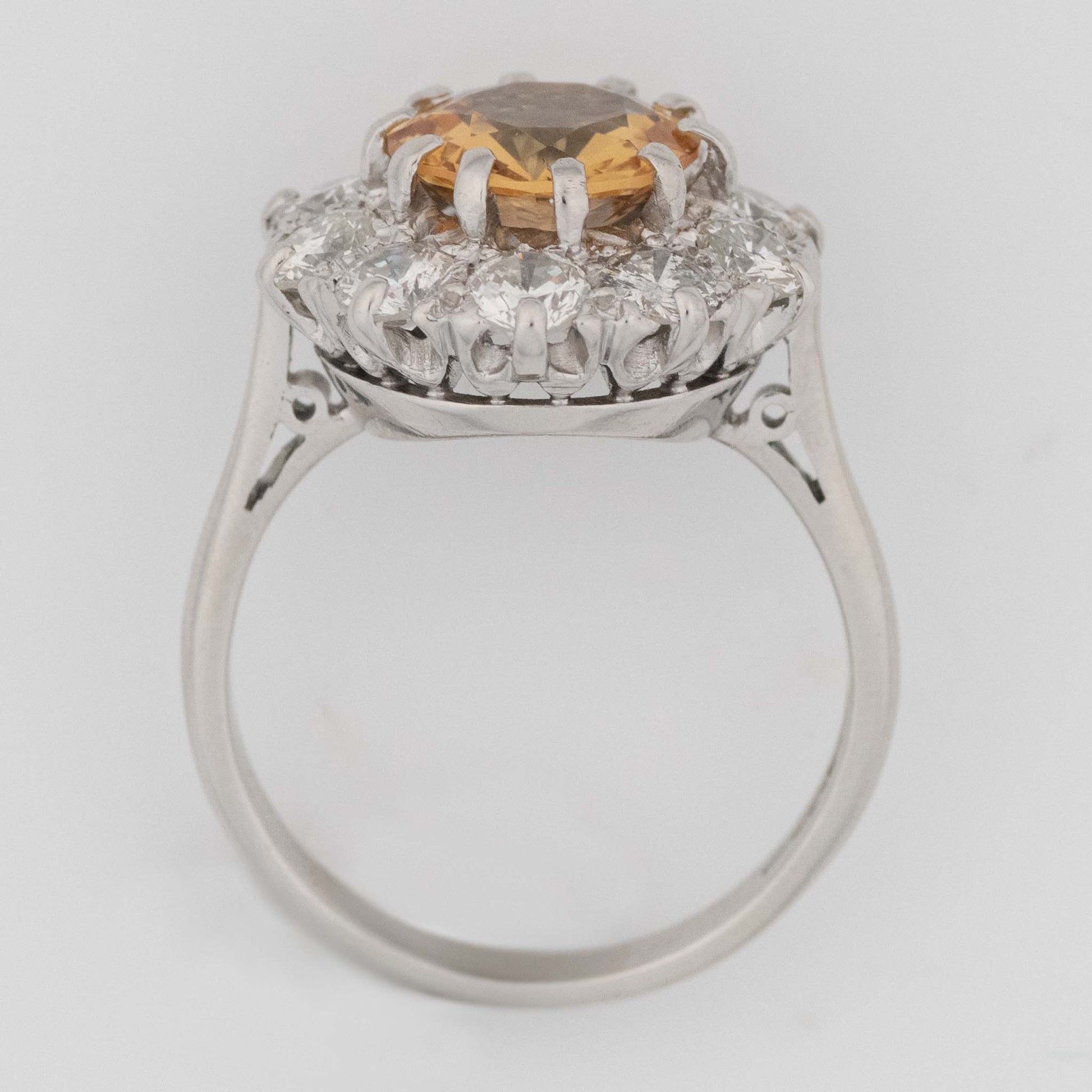 Vintage 18ct White Gold 2.50 carat Golden Topaz and Diamond Cluster Ring - Friar House Antique Jewellery