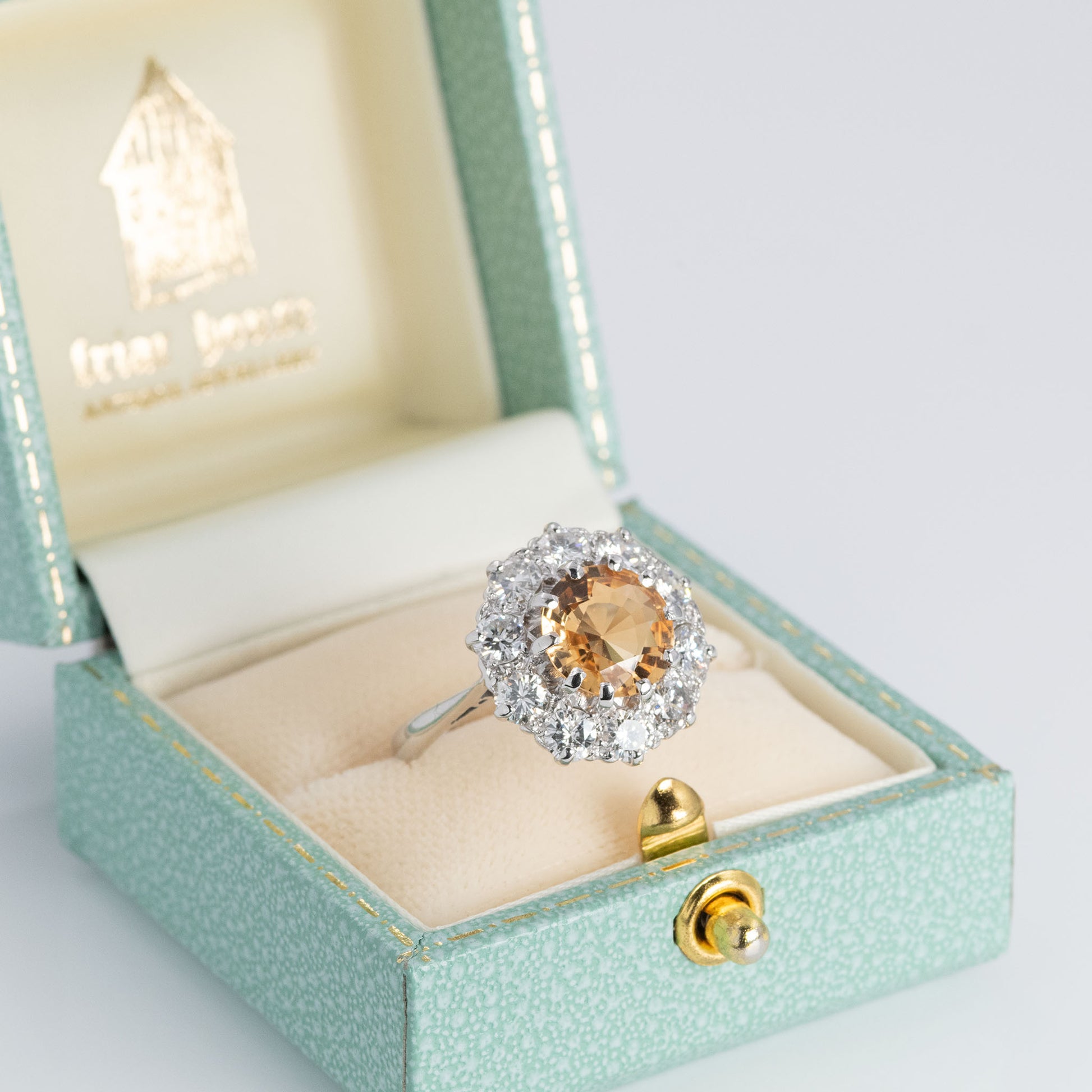 Vintage 18ct White Gold 2.50 carat Golden Topaz and Diamond Cluster Ring - Friar House Antique Jewellery