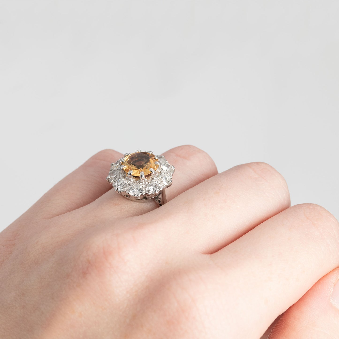 Vintage 18ct White Gold 2.50 carat Golden Topaz and Diamond Cluster Ring - Friar House Antique Jewellery