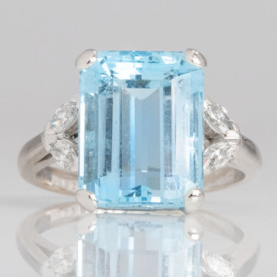 Vintage 18ct White Gold 7.5 carat Aquamarine Diamond Ring blue gemstone antique - Friar House