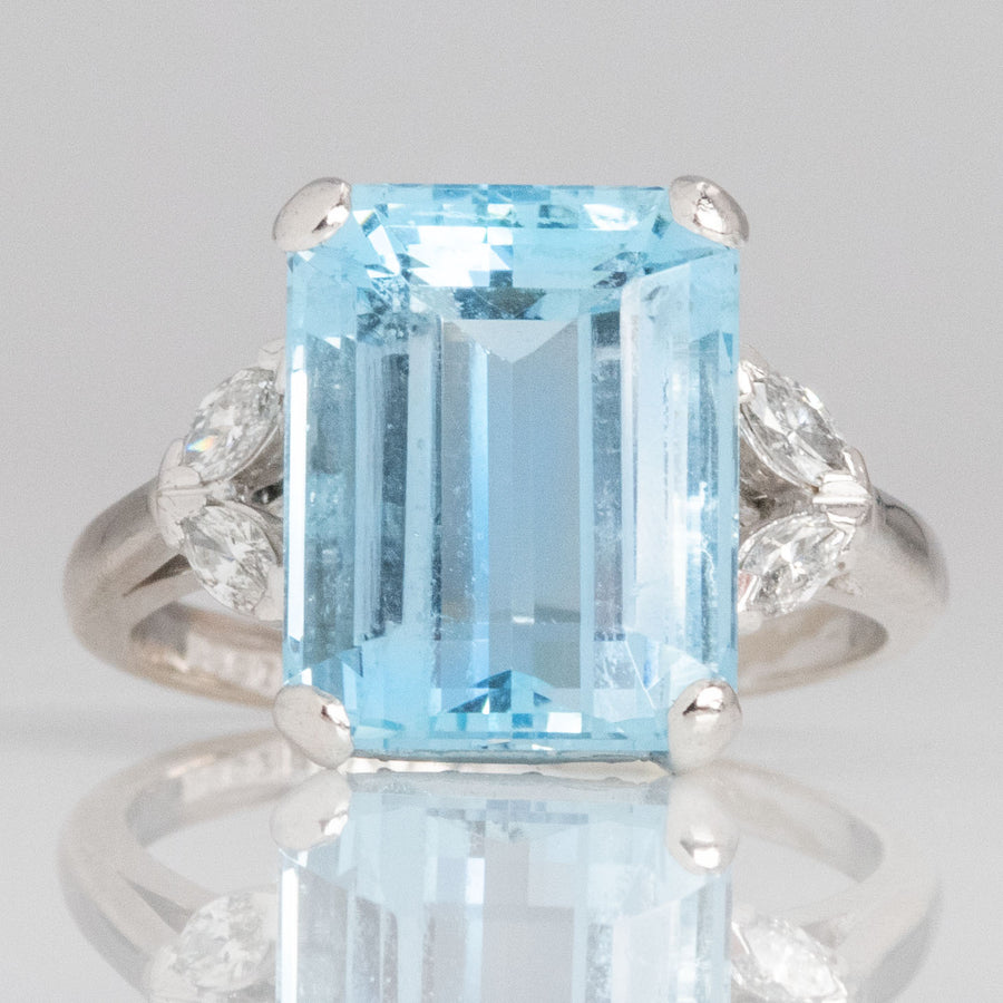 Vintage 18ct White Gold 7.5 carat Aquamarine Diamond Ring blue gemstone antique - Friar House