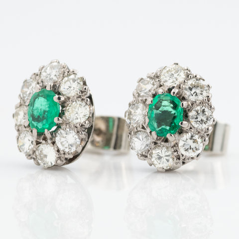 Vintage 18ct White Gold Emerald and Diamond Cluster Earrings