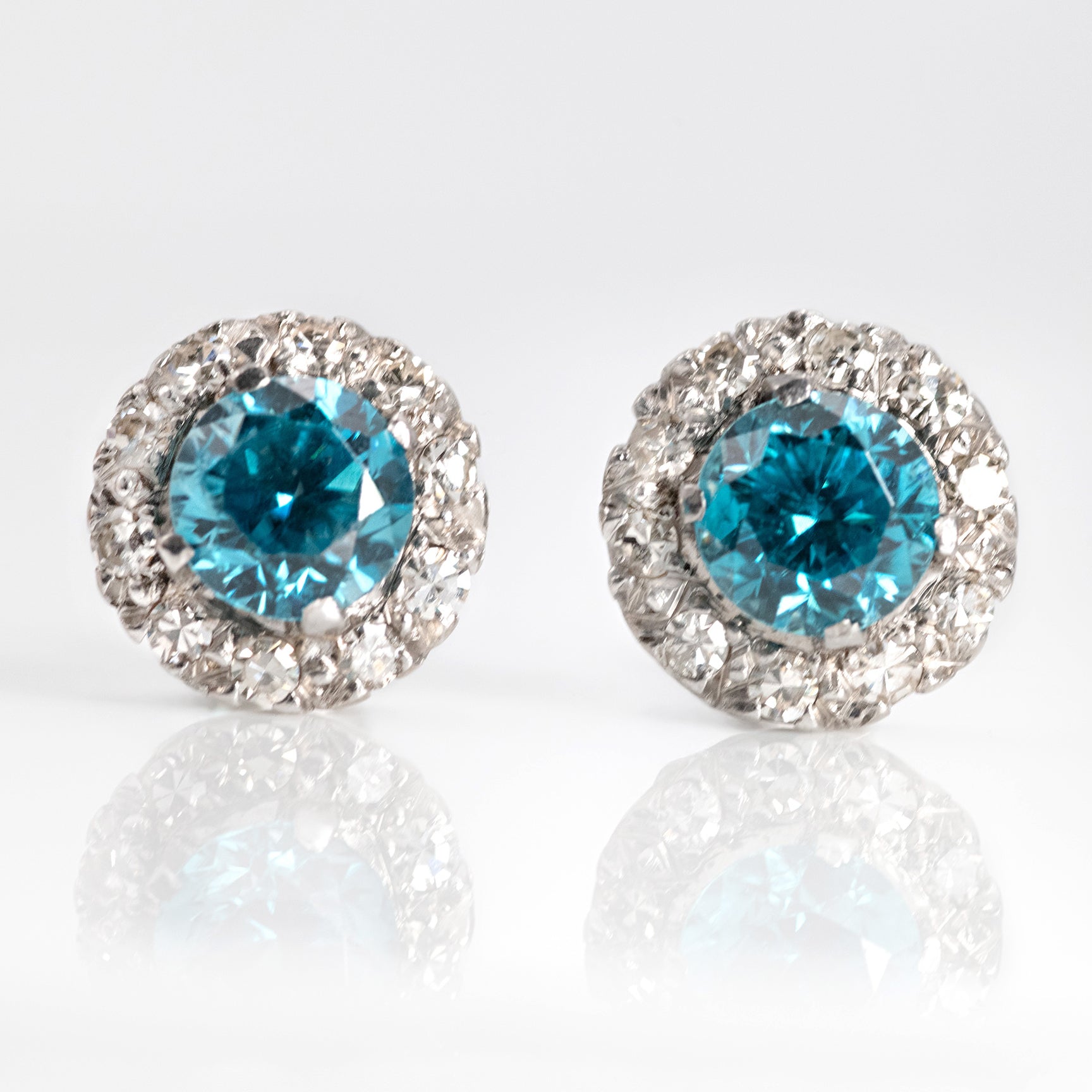 Vintage 1940's Platinum Blue Zircon and Diamond Cluster Earrings - Friar House