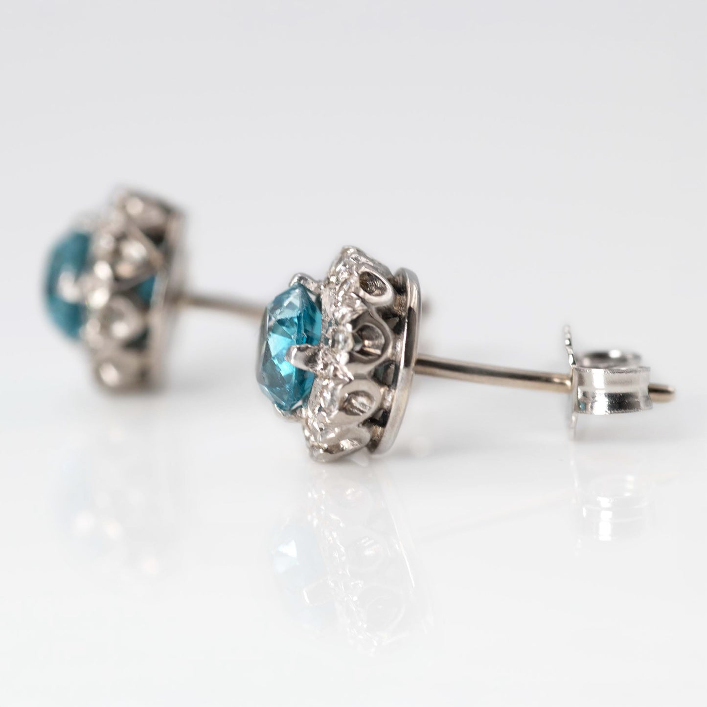 Vintage 1940's Platinum Blue Zircon and Diamond Cluster Earrings - Friar House