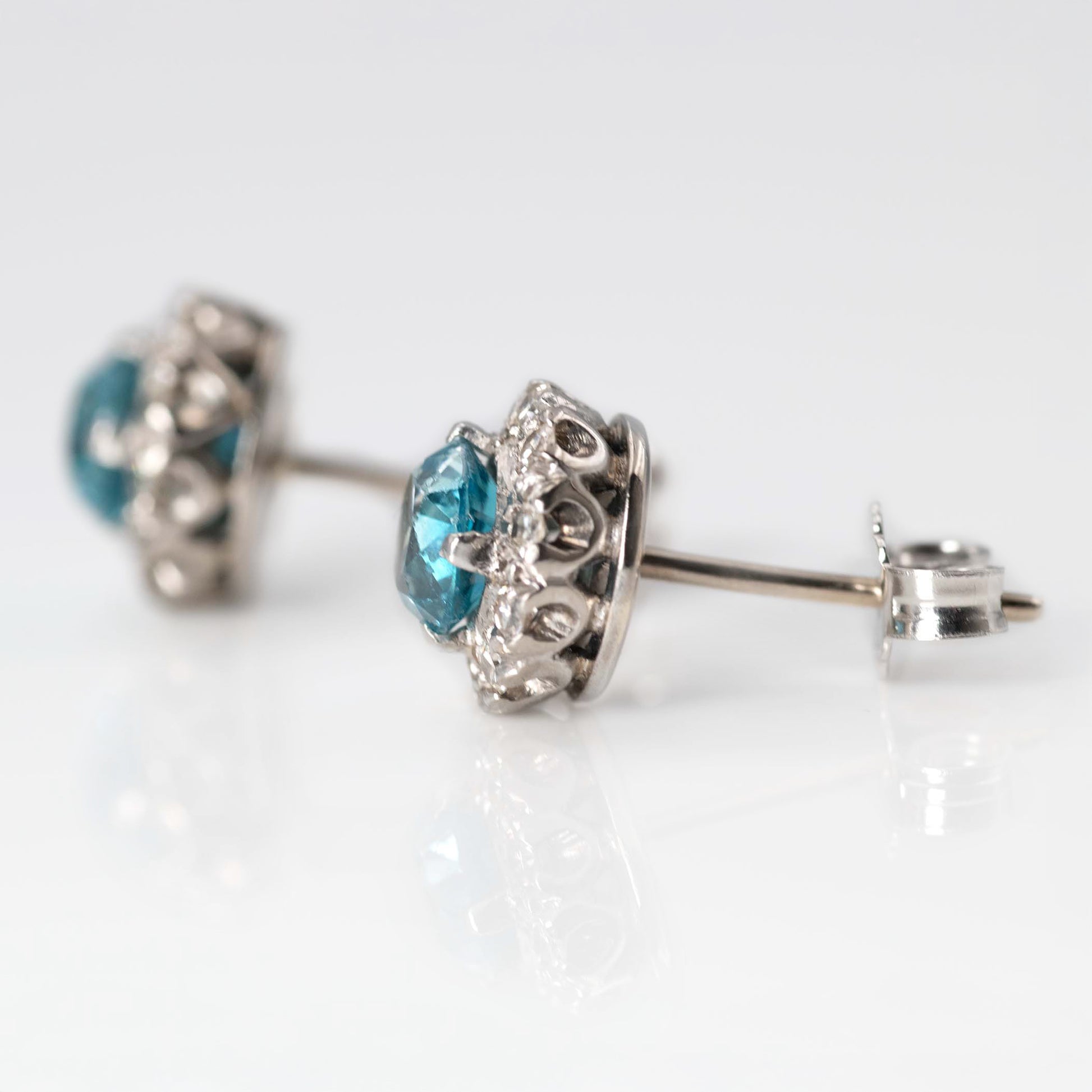 Vintage 1940's Platinum Blue Zircon and Diamond Cluster Earrings - Friar House