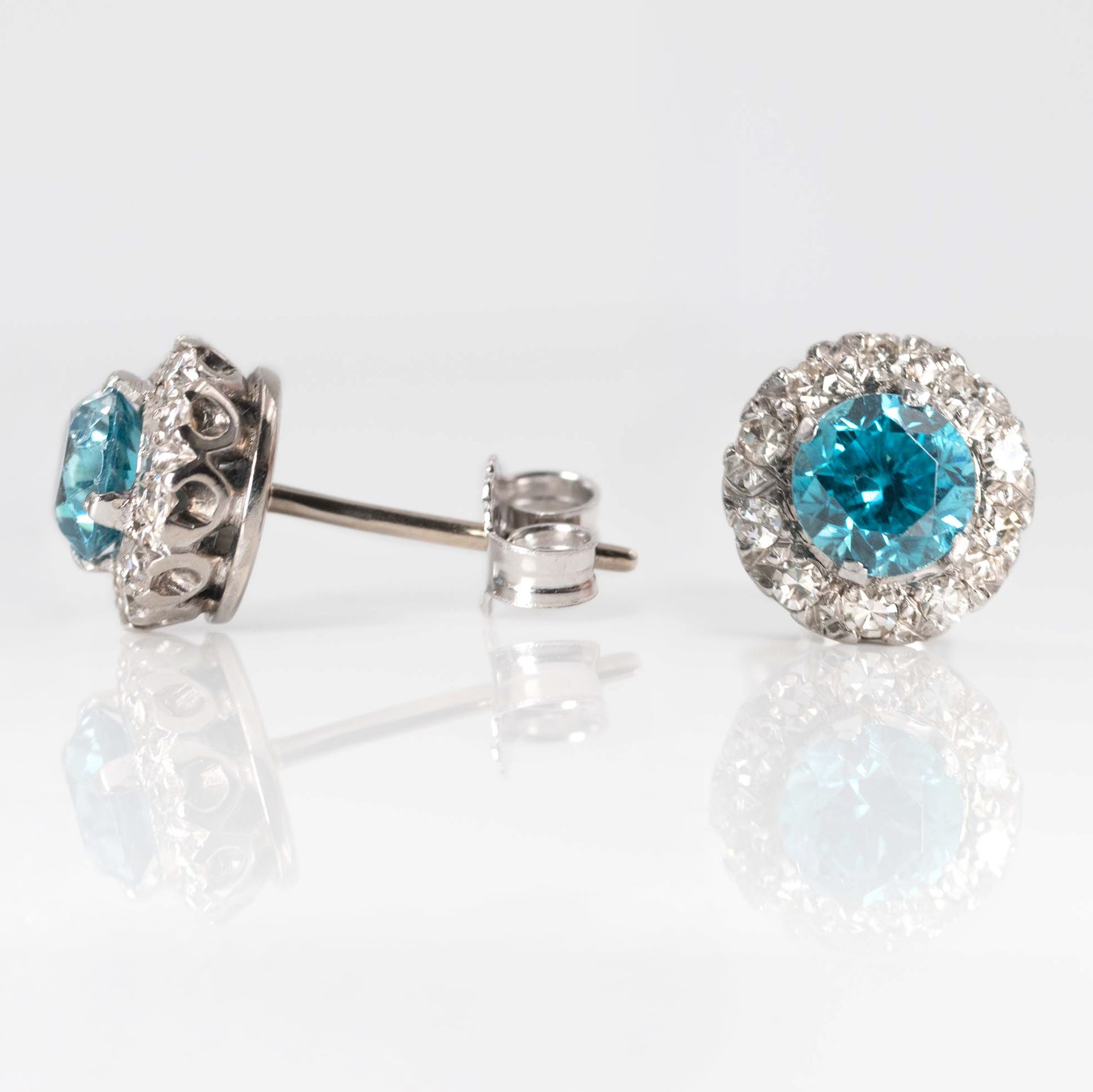 Vintage 1940's Platinum Blue Zircon and Diamond Cluster Earrings - Friar House