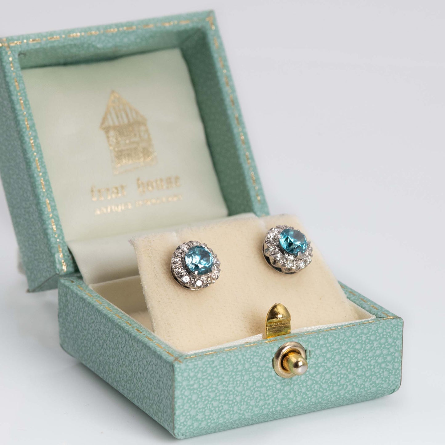 Vintage 1940's Platinum Blue Zircon and Diamond Cluster Earrings - Friar House