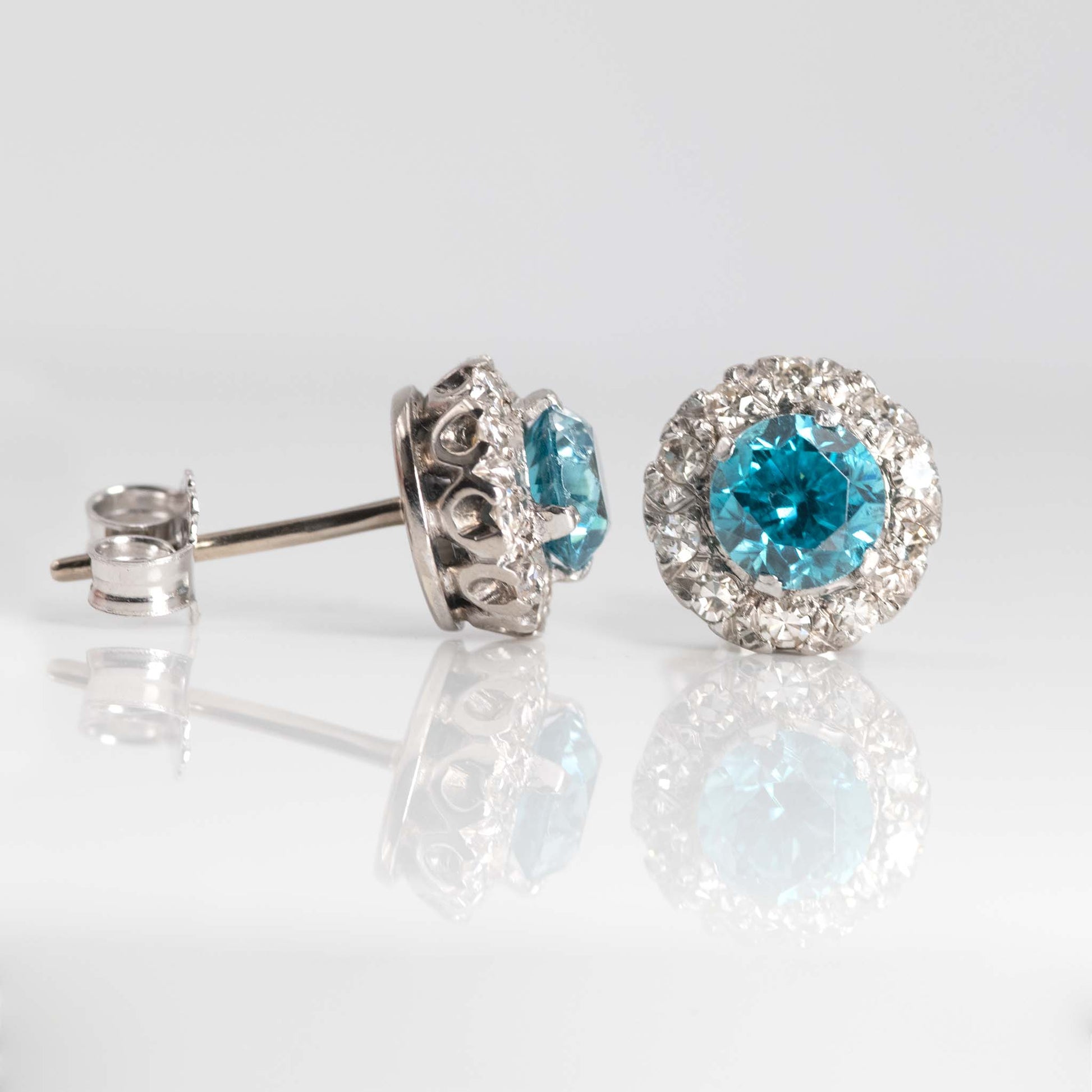 Vintage 1940's Platinum Blue Zircon Diamond Cluster Earrings - Friar House