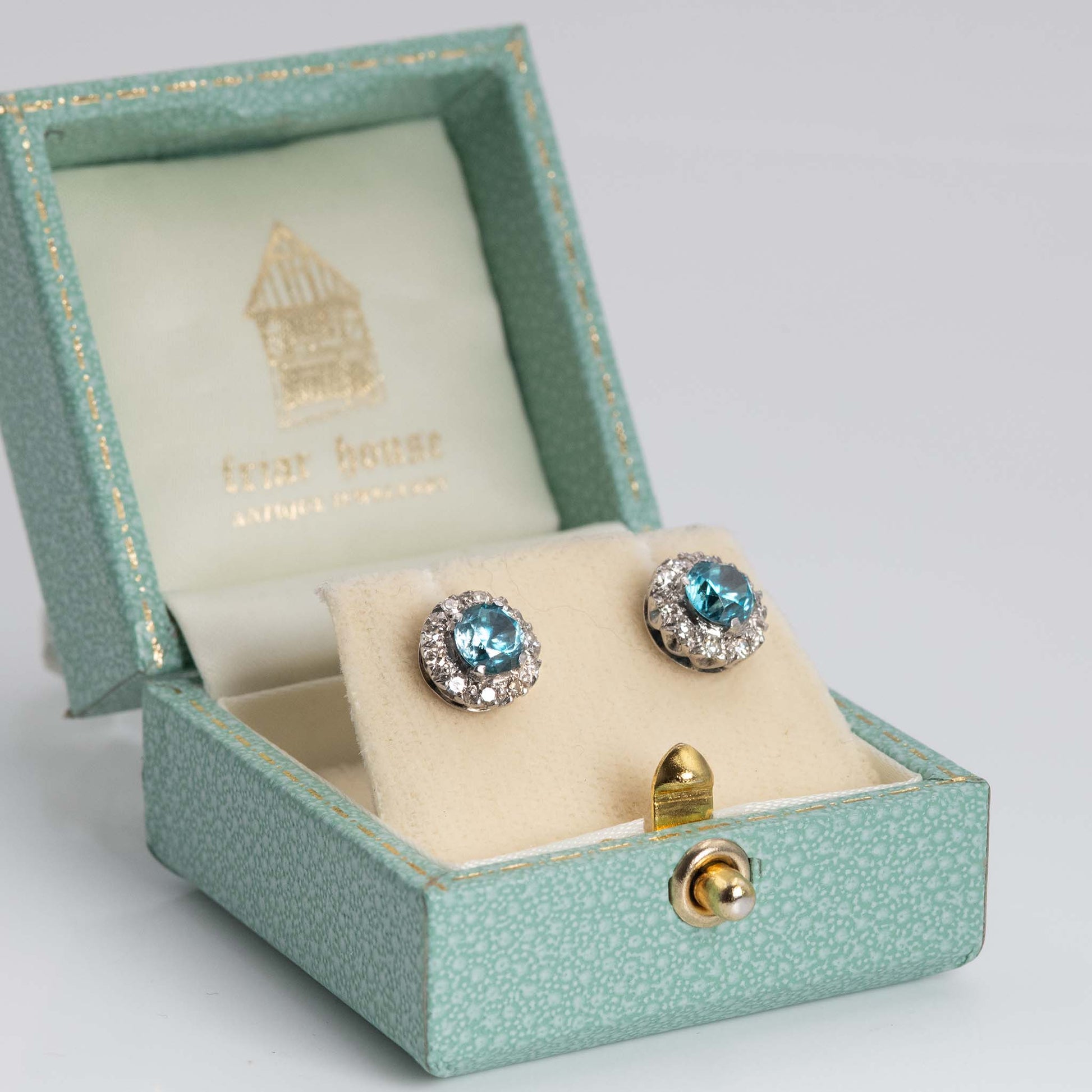 Vintage 1940's Platinum Blue Zircon Diamond Cluster Earrings - Friar House