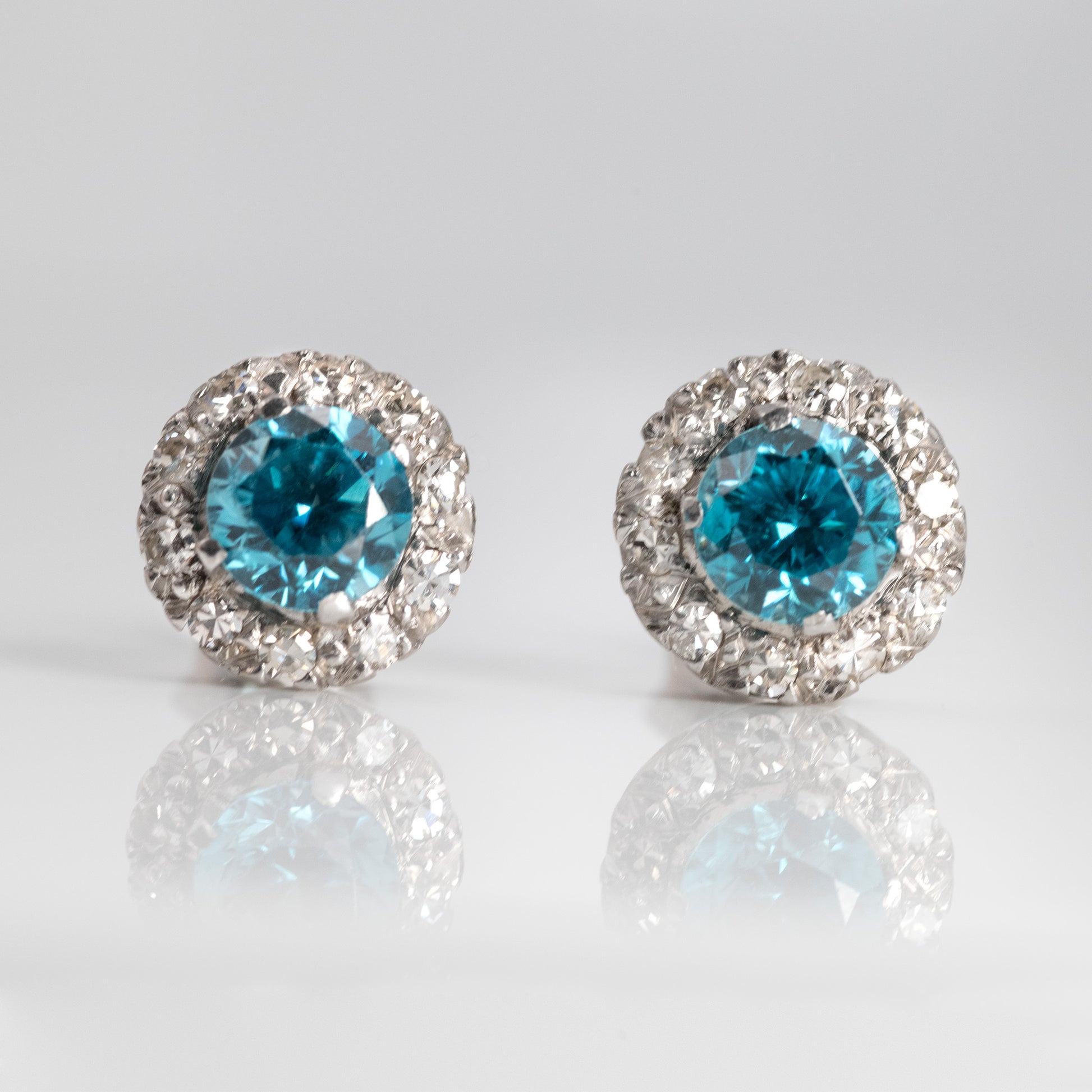 Vintage 1940's Platinum Blue Zircon Diamond Cluster Earrings - Friar House