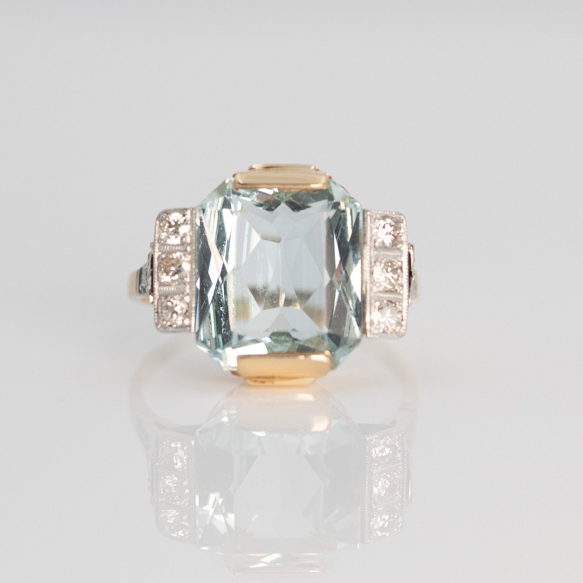 Art Deco 14ct Yellow Gold 6 carat Aquamarine and Diamond Ring - Friar House