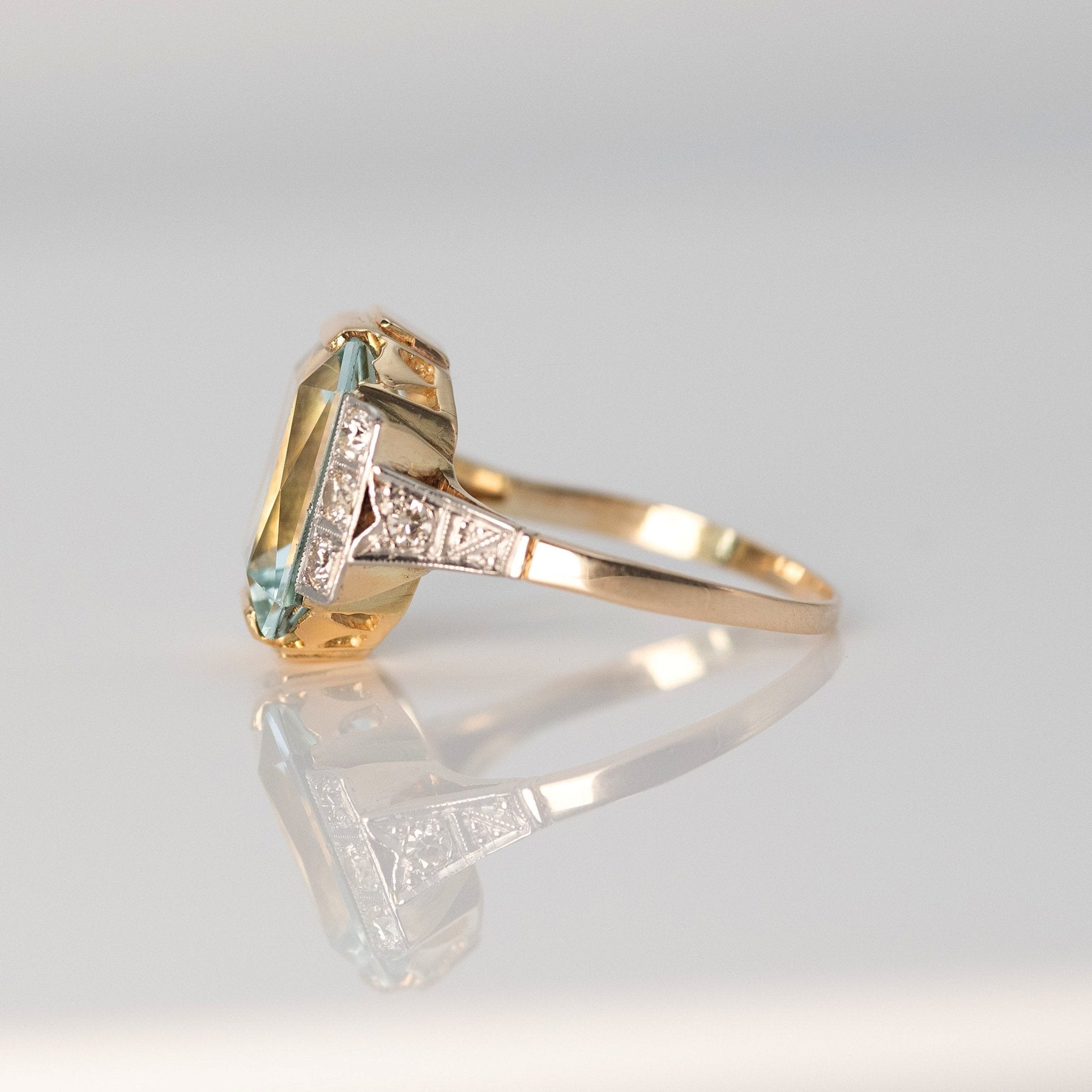 Art Deco 14ct Yellow Gold 6 carat Aquamarine and Diamond Ring - Friar House