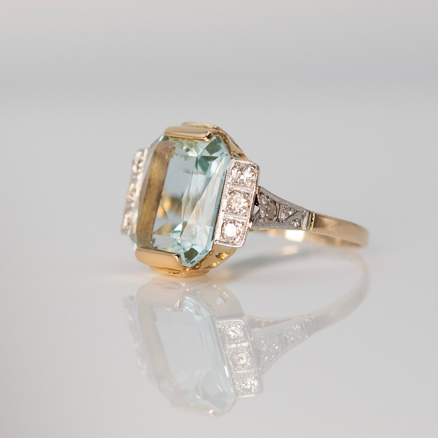 Art Deco 14ct Yellow Gold 6 carat Aquamarine and Diamond Ring - Friar House