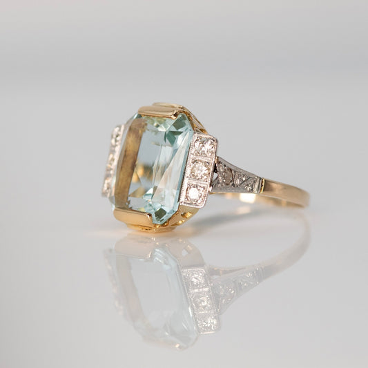 Art Deco 14ct Yellow Gold 6 carat Aquamarine and Diamond Ring - Friar House