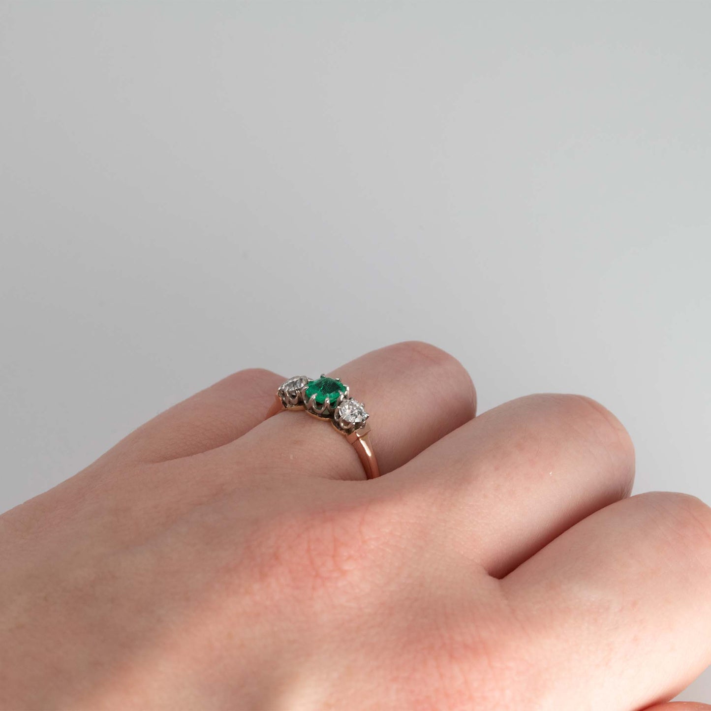 Art Deco 18ct Rose Gold Emerald and Diamond Three Stone Ring - Friar House