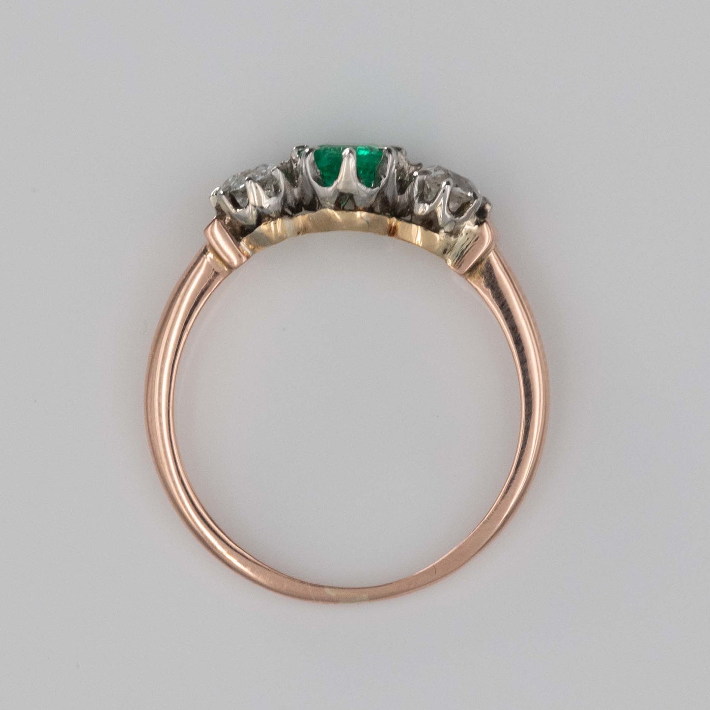 Art Deco 18ct Rose Gold Emerald and Diamond Three Stone Ring - Friar House