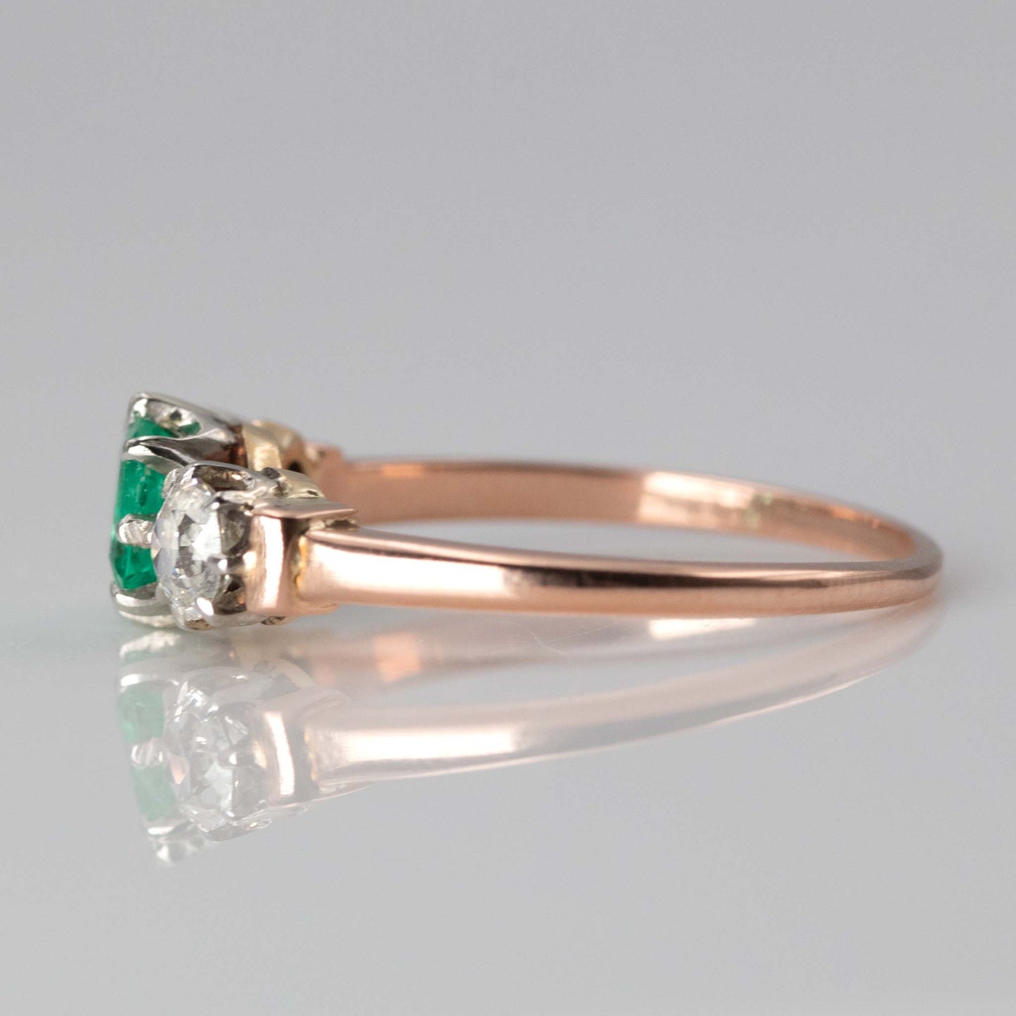 Art Deco 18ct Rose Gold Emerald and Diamond Three Stone Ring - Friar House