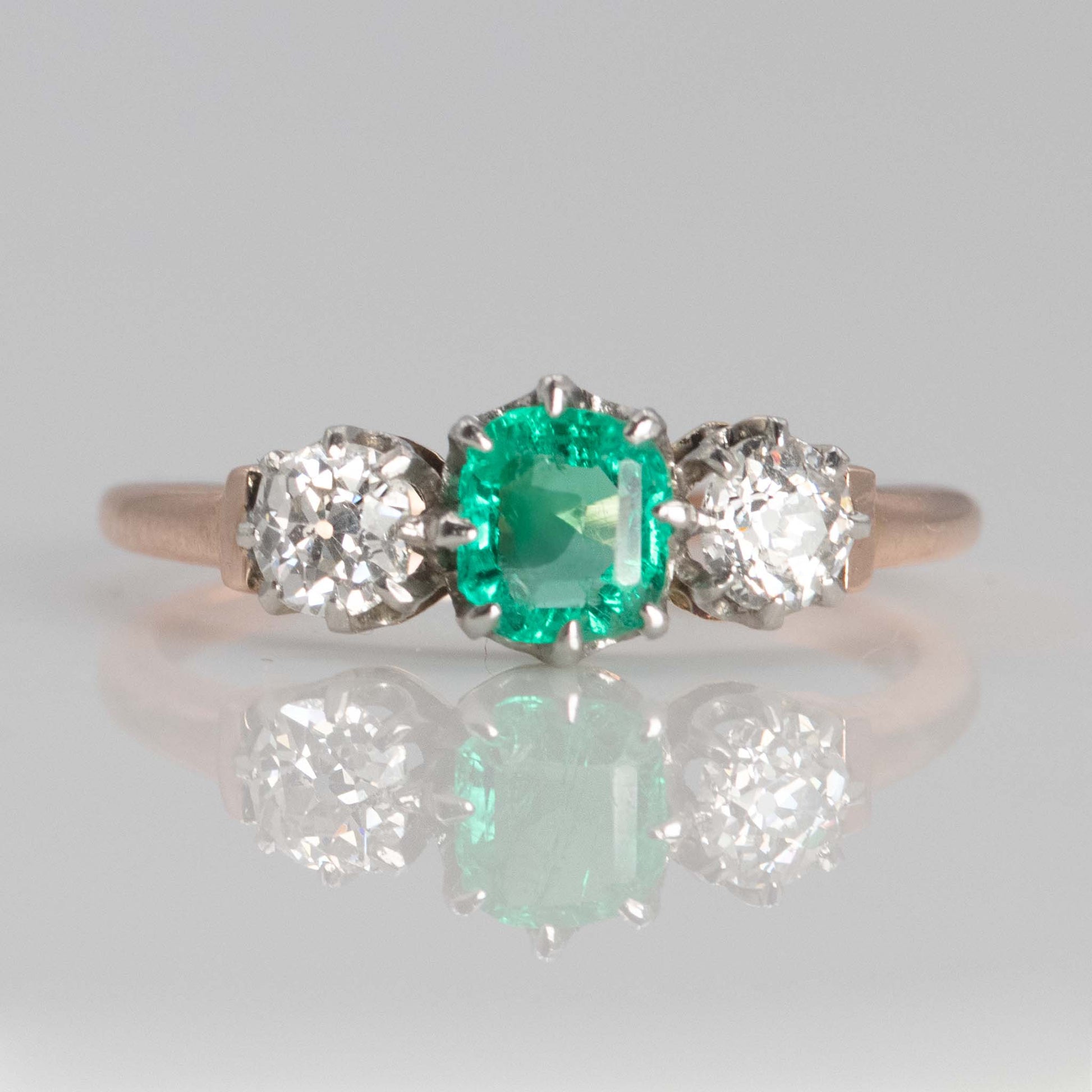 Art Deco 18ct Rose Gold Emerald and Diamond Three Stone Ring - Friar House