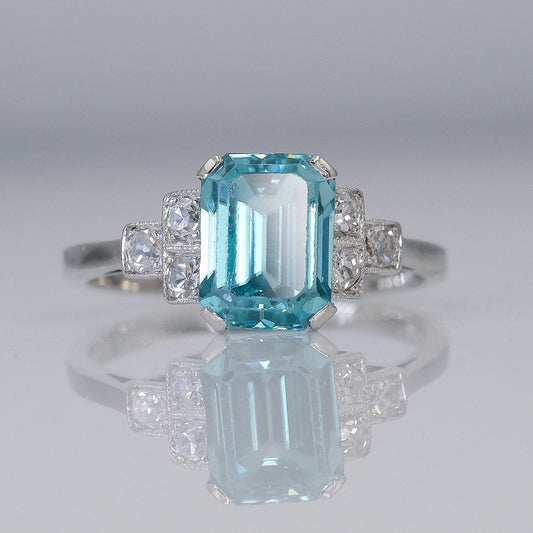 Art Deco 18ct White Gold 2.5 Carat Blue Zircon Ring - Friar House